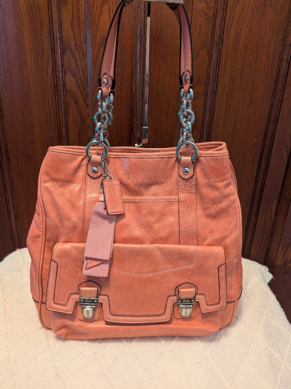 COACH Coral poppy push lock Leather tote Shoulder Bag 17924